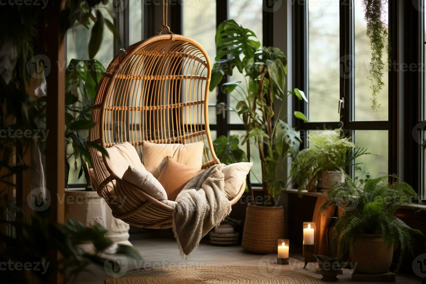 Designer hanging chair near tropical houseplants interior design, AI Generative photo
