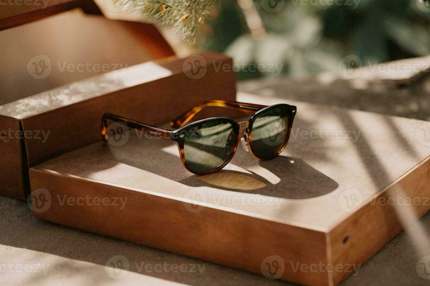 Fashionable stylish and modern sunglasses lie on the wooden table, AI Generative photo