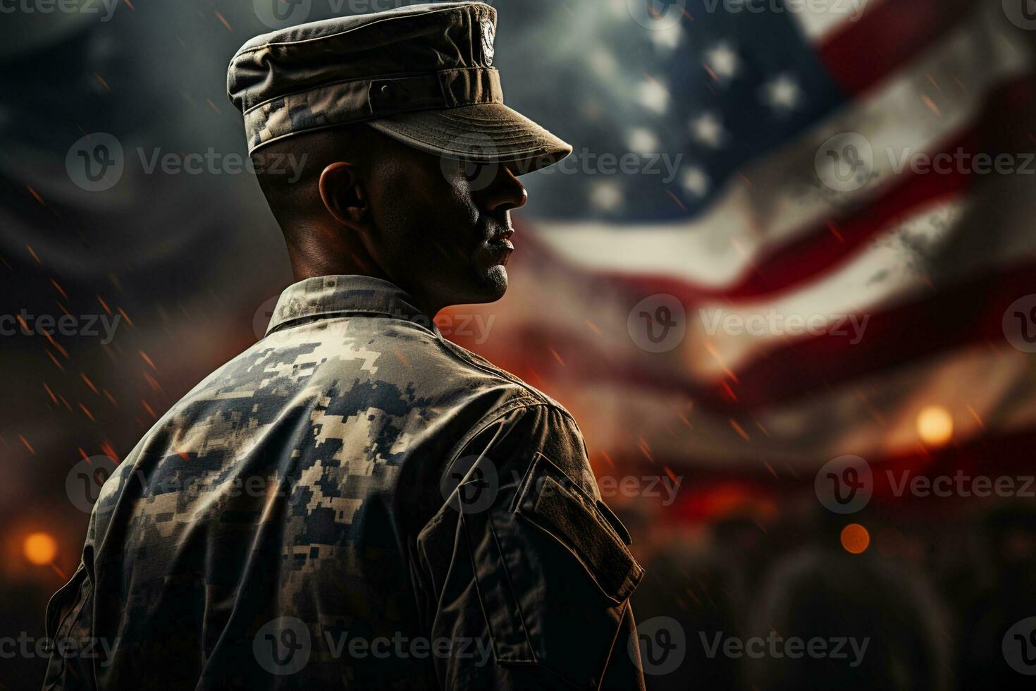 Silhouette of soldiers with American flag, AI Generative photo