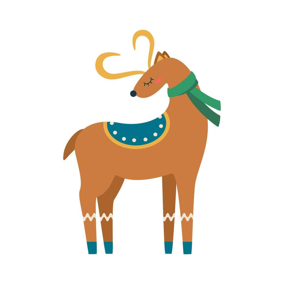 Christmas cute, funny deer in a scarf. Winter holiday element. vector