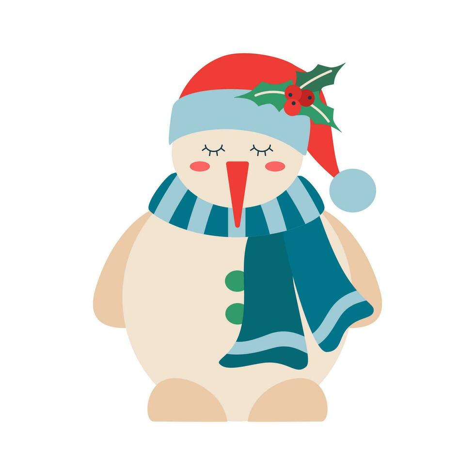 Christmas snowman in a scarf and hat with a sprig of mistletoe and berries. Winter holiday element. vector