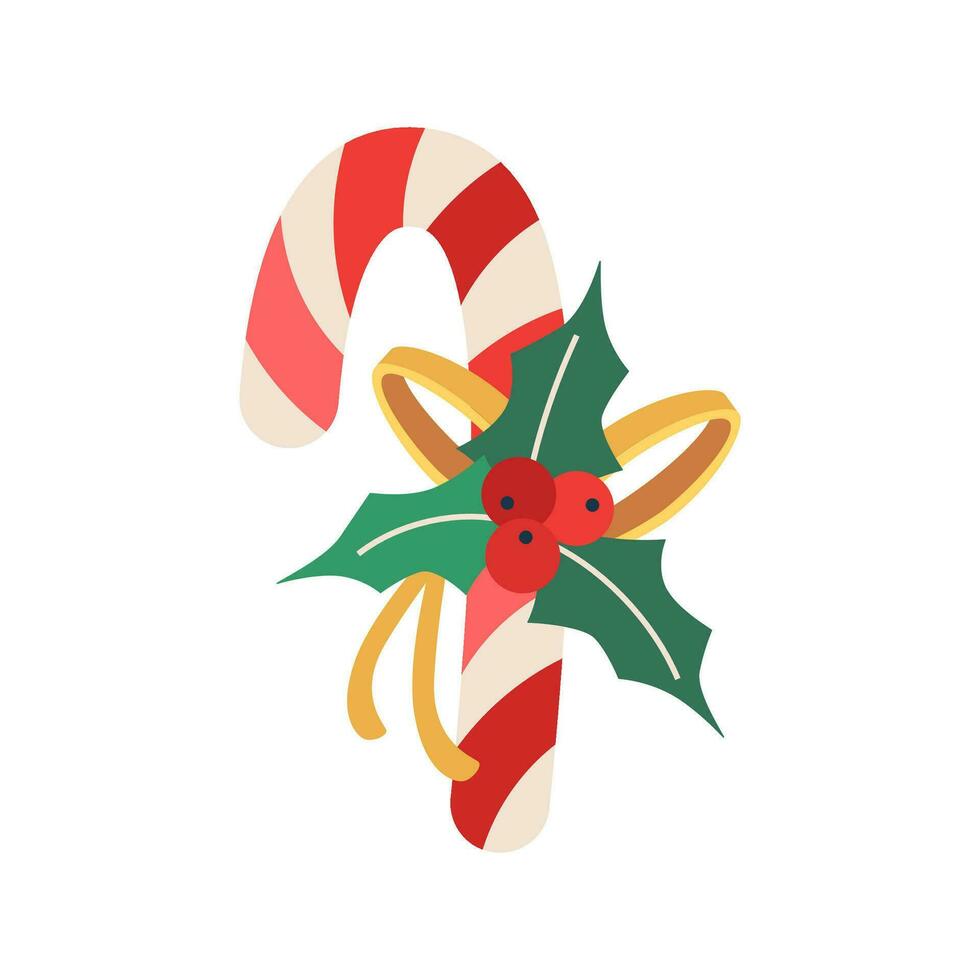 Christmas lollipop, stick, with ribbon, berries, and mistletoe leaves. Winter holiday element. vector