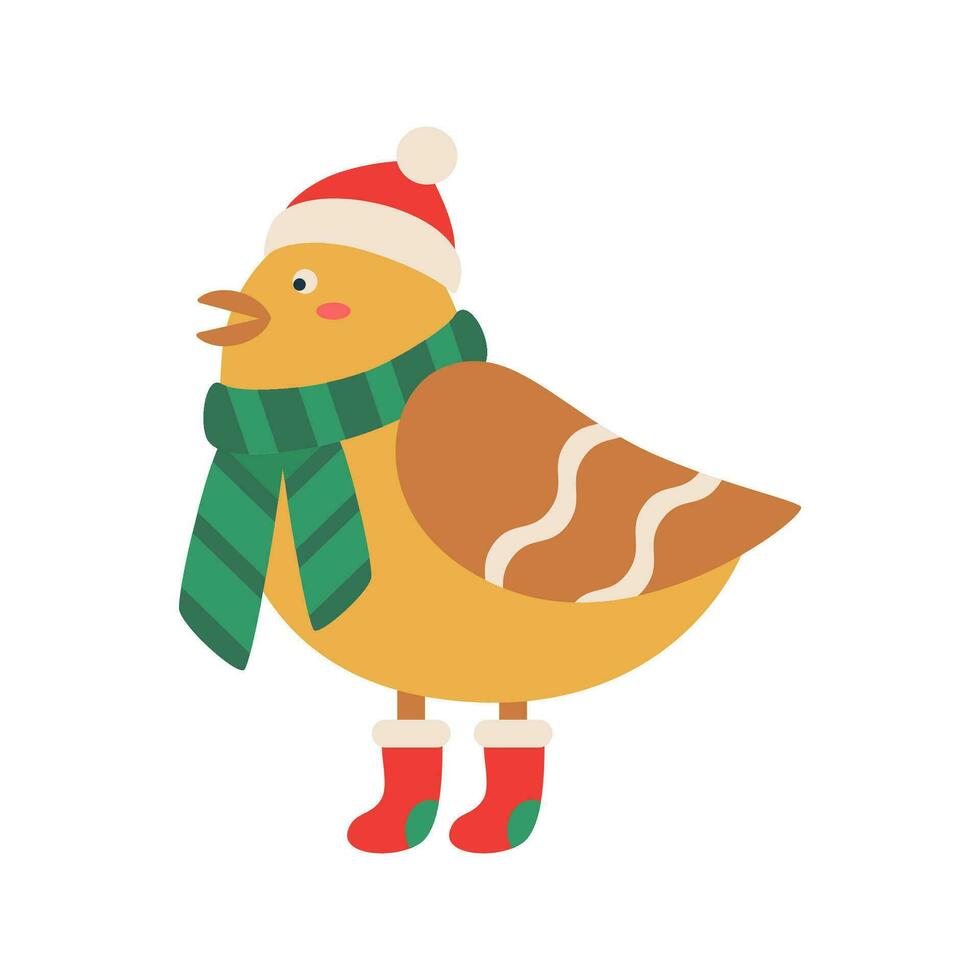 Christmas bird in a cap, scarf, and boots. Winter holiday element. vector