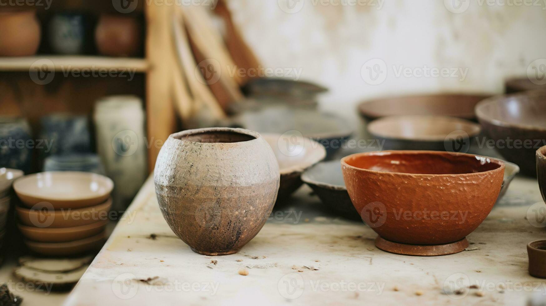 AI generated Generative AI, crafted pottery, still life of hand made pottery and ceramic bowls, hobby and leisure concept photo