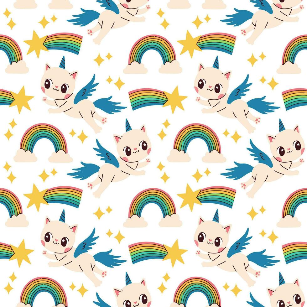 Cute caticorn seamless pattern on white background. Vector illustration for birthday, invitation, baby shower card, kids tshirts.