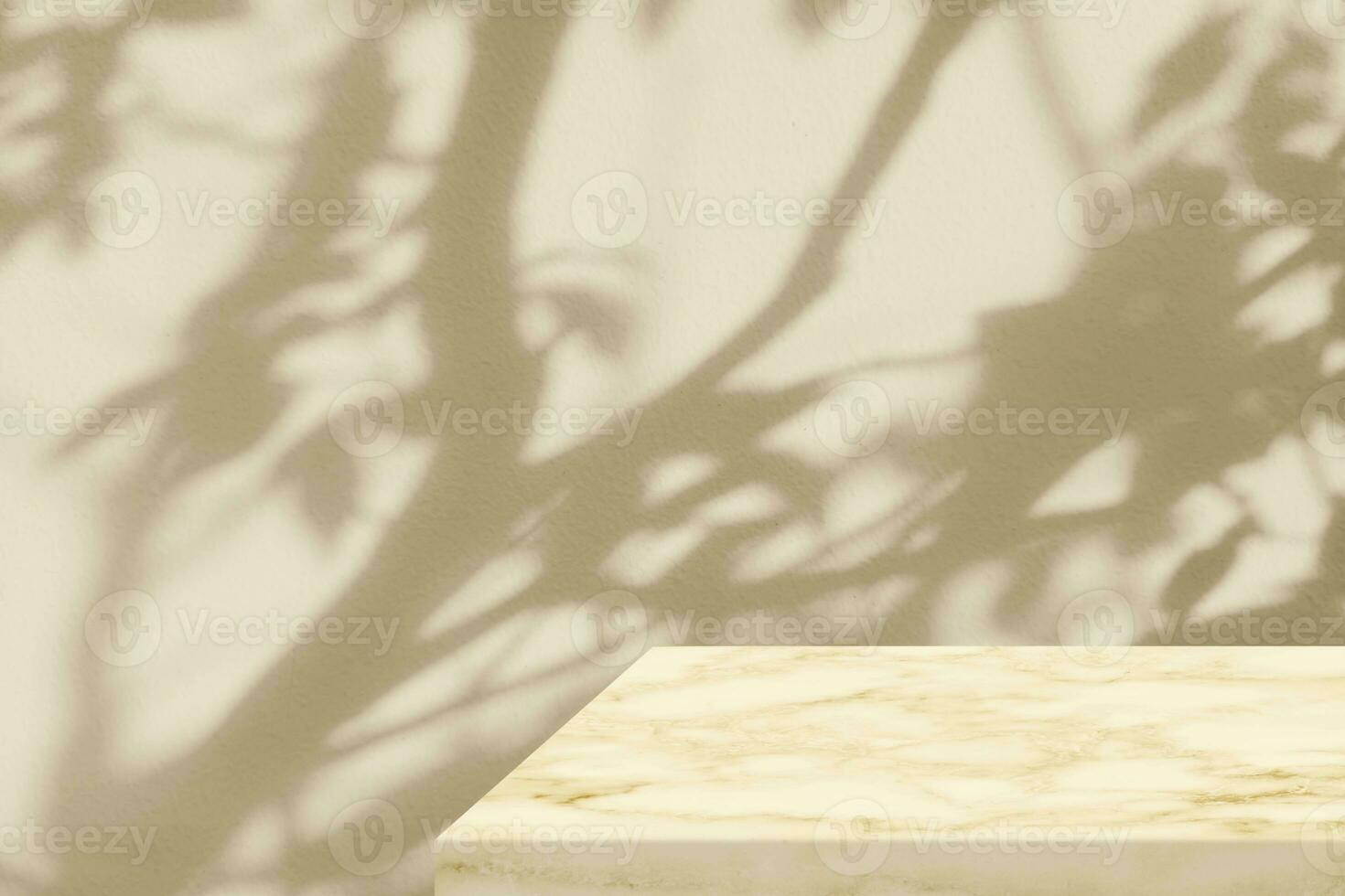 Minimal Marble Table Corner with Tree Shadow on the Beige Concrete Wall Background, Suitable for Product Presentation Backdrop, Display, and Mock up. photo