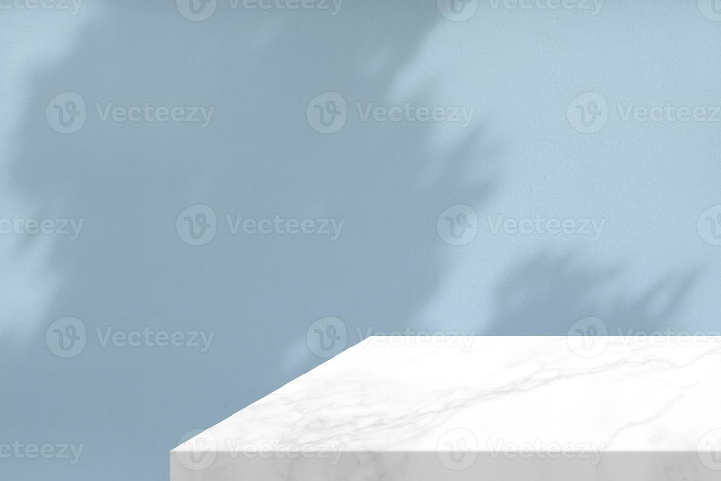 Minimal White Marble Table Corner with Shadow and Light Beam on Pastel Blue Concrete Wall Background, Suitable for Product Presentation Backdrop, Display, and Mock up. photo