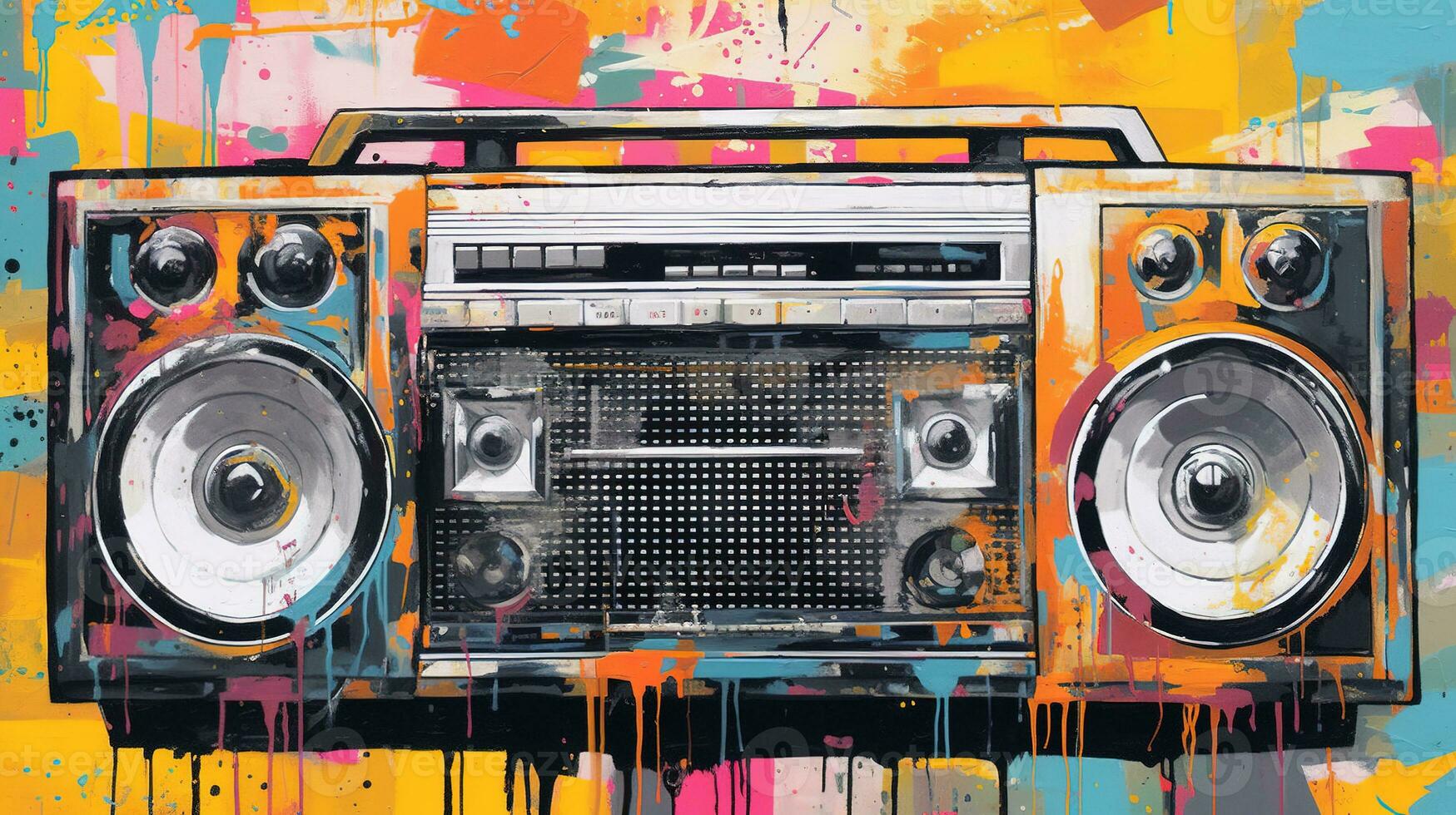 AI generated Generative AI, Grunge audio recorder, pop art graffiti, vibrant color. Ink melted paint street art on a textured paper vintage background photo