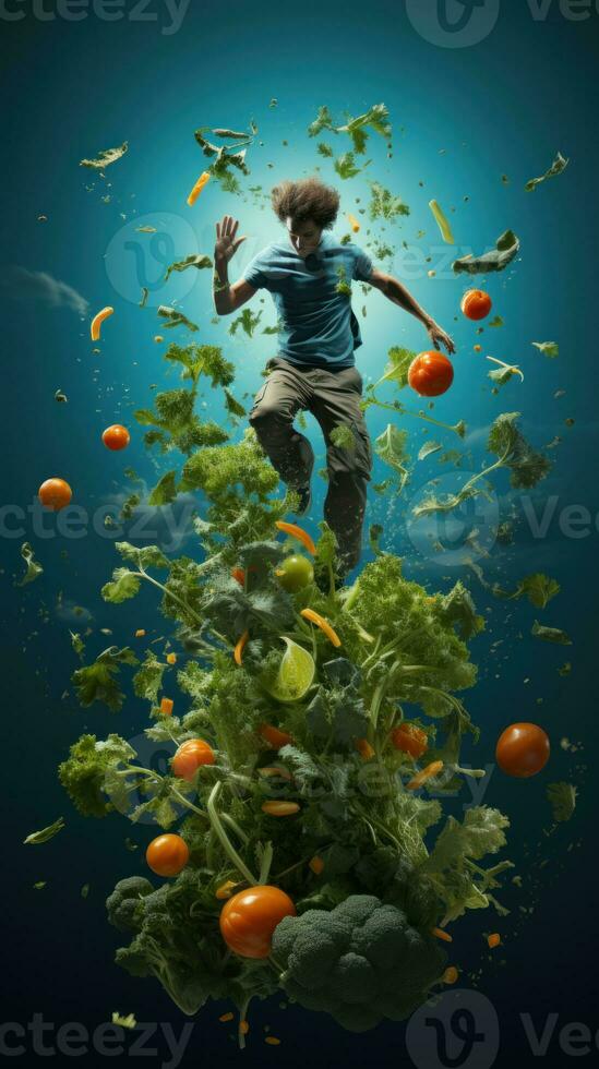 AI generated Young man jumping with vegetables flying around him on a blue vertical background. photo