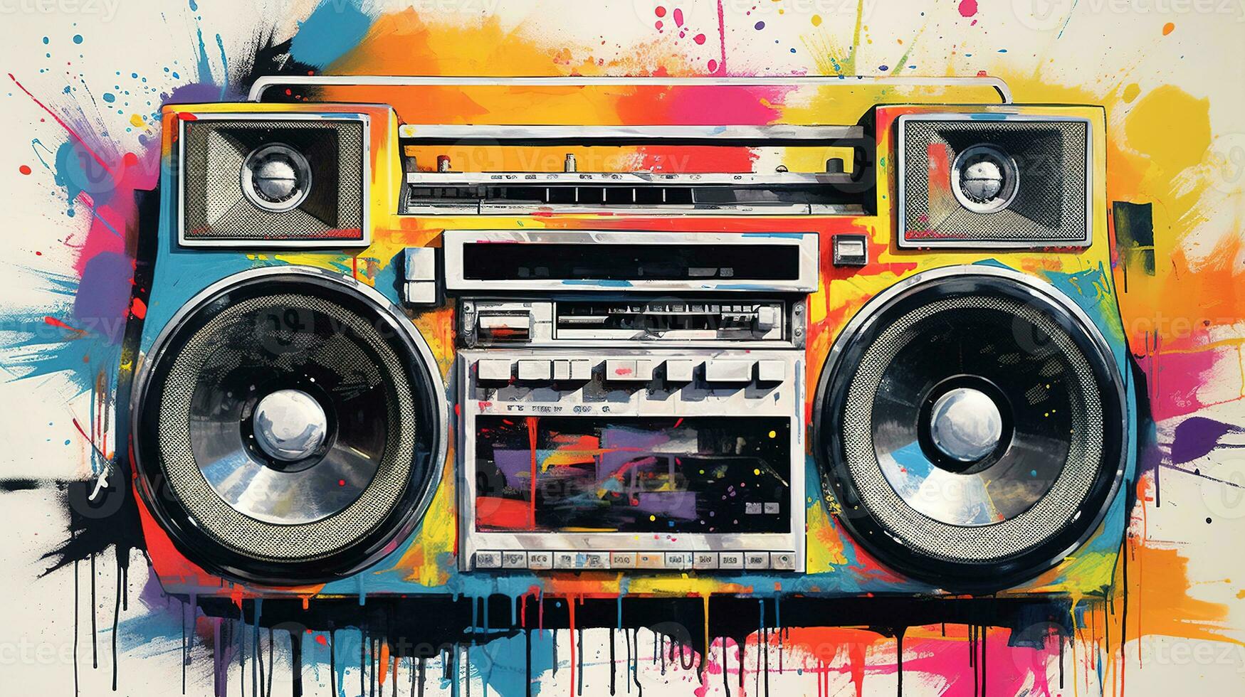 AI generated Generative AI, Grunge audio recorder, pop art graffiti, vibrant color. Ink melted paint street art on a textured paper vintage background photo