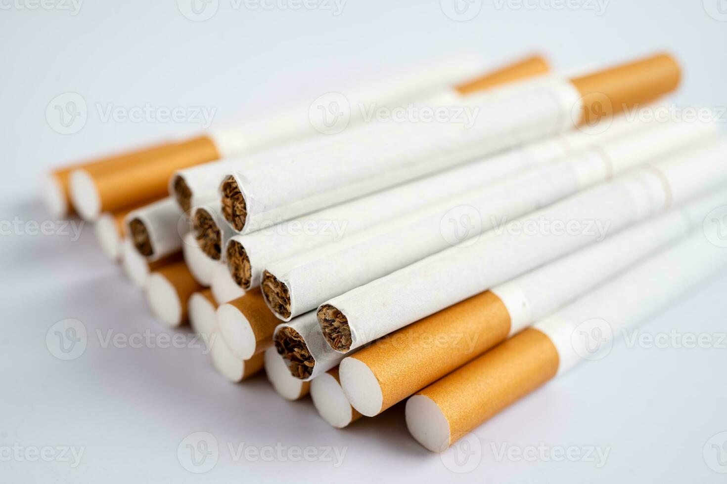 Cigarette, tobacco in roll paper with filter tube, No smoking concept. photo