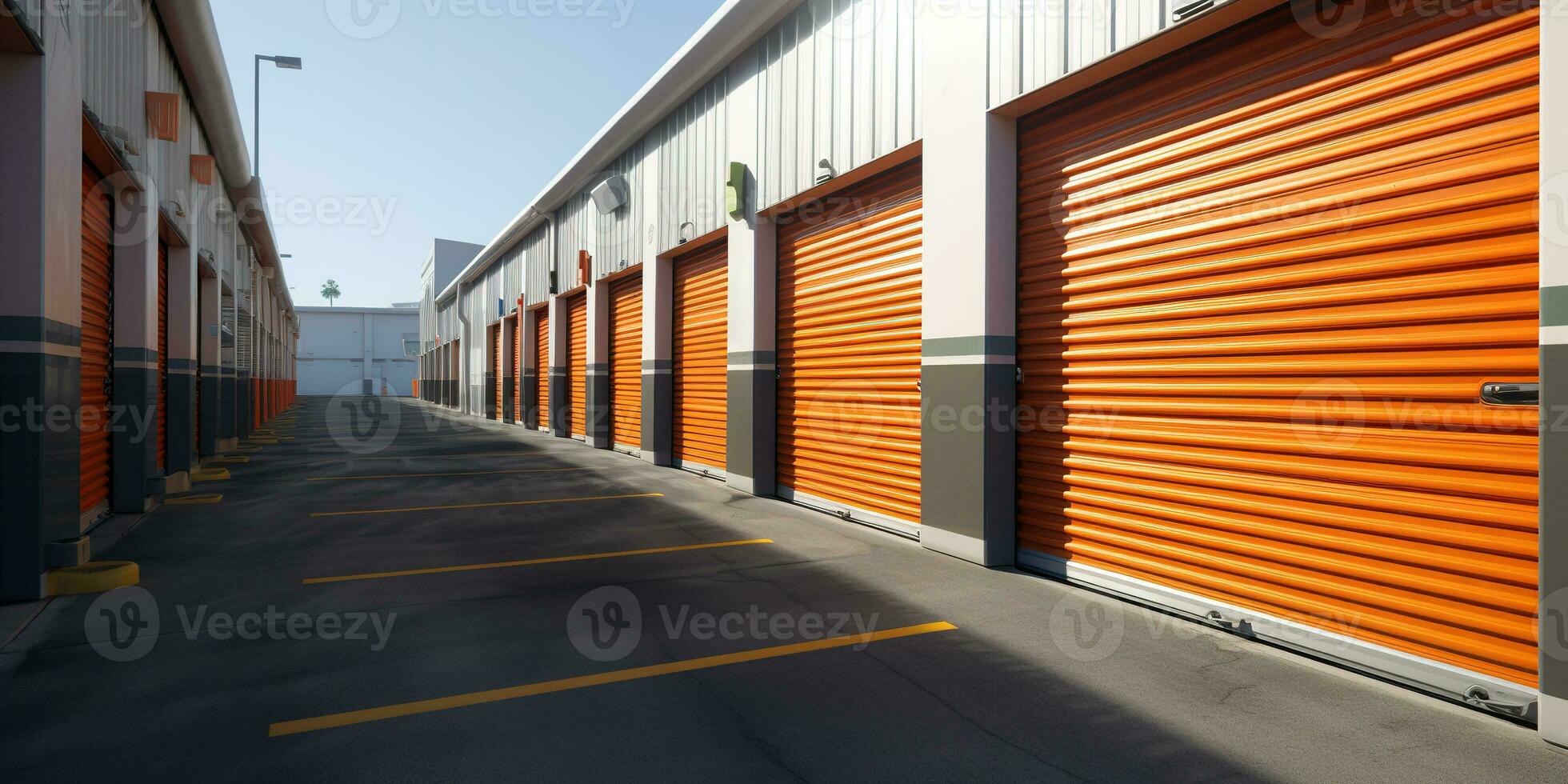 AI generated Generative AI, Mini colorful metal self storage facilities rental units, warehouse exterior, industry garage building. photo