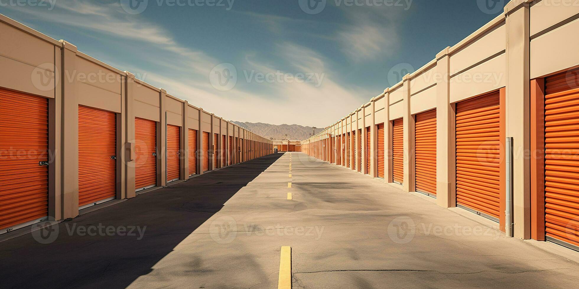 AI generated Generative AI, Mini colorful metal self storage facilities rental units, warehouse exterior, industry garage building. photo