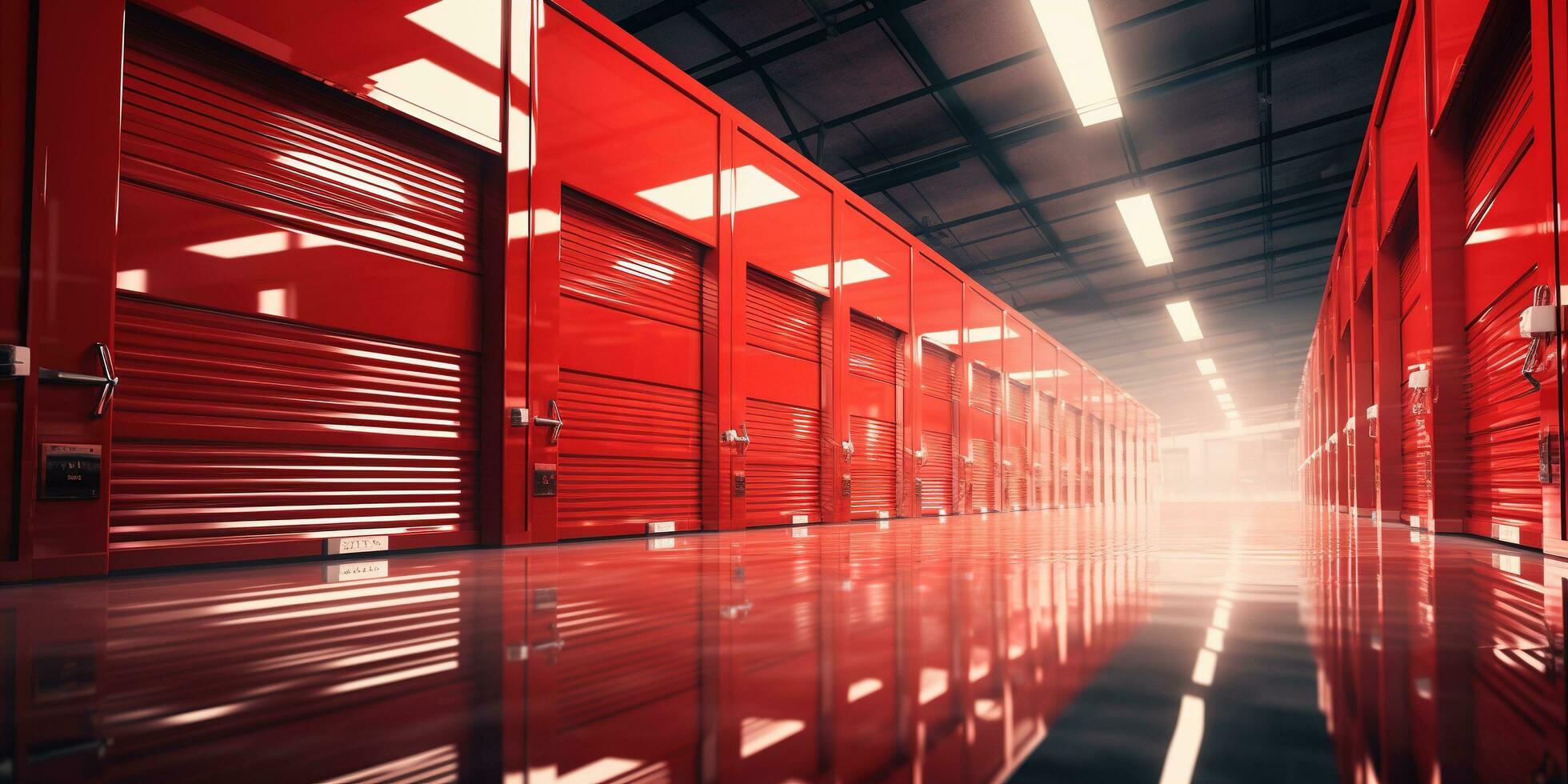 AI generated Generative AI, Mini colorful metal self storage facilities rental units, warehouse exterior, industry garage building. photo