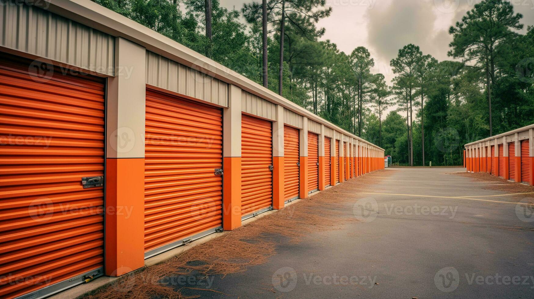 AI generated Generative AI, Mini colorful metal self storage facilities rental units, warehouse exterior, industry garage building. photo