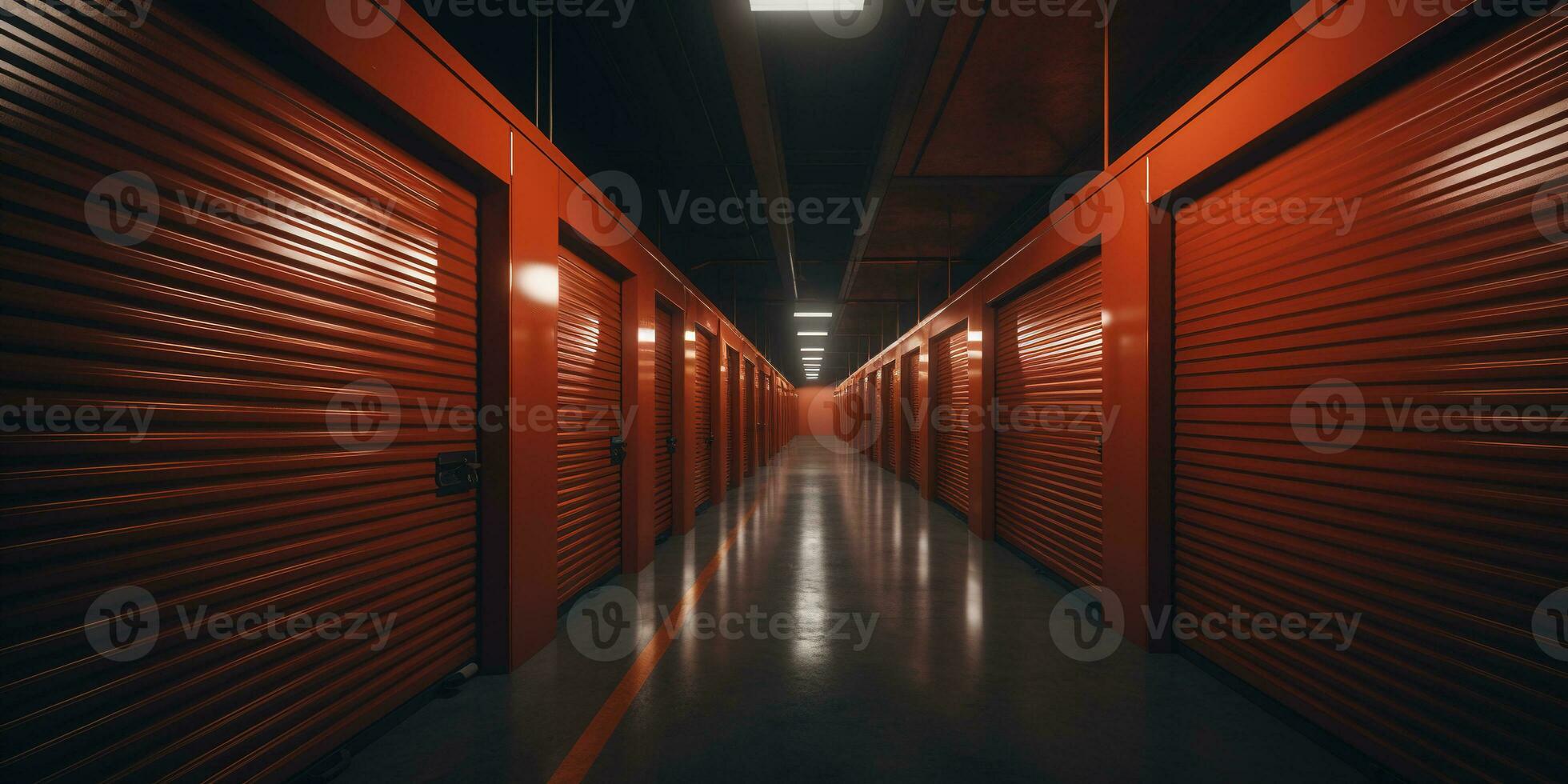 AI generated Generative AI, Mini colorful metal self storage facilities rental units, warehouse exterior, industry garage building. photo