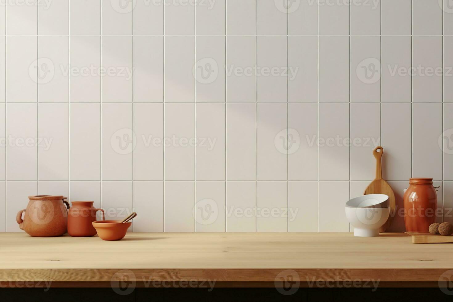 mínimo acogedor mostrador Bosquejo diseño para producto presentación antecedentes o marca con brillante madera mostrador loseta blanco pared con naranja marrón jarra. cocina interior. generativo ai. foto