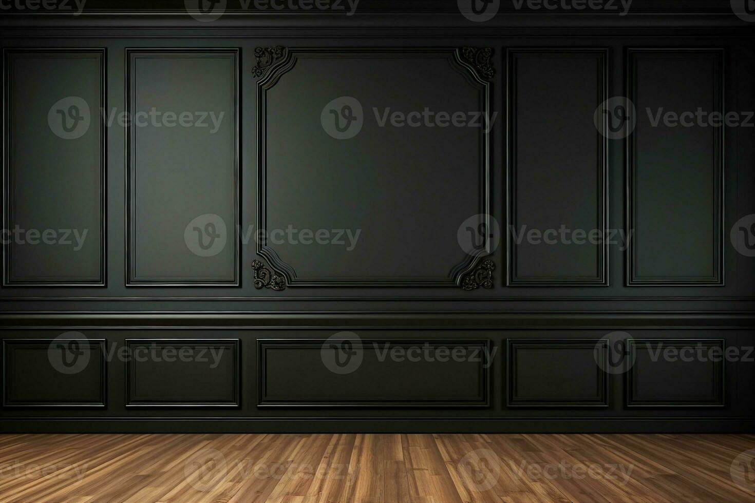 Modern classic black empty interior with wall panels and wooden floor. 3d render illustration mock up. generative ai. photo