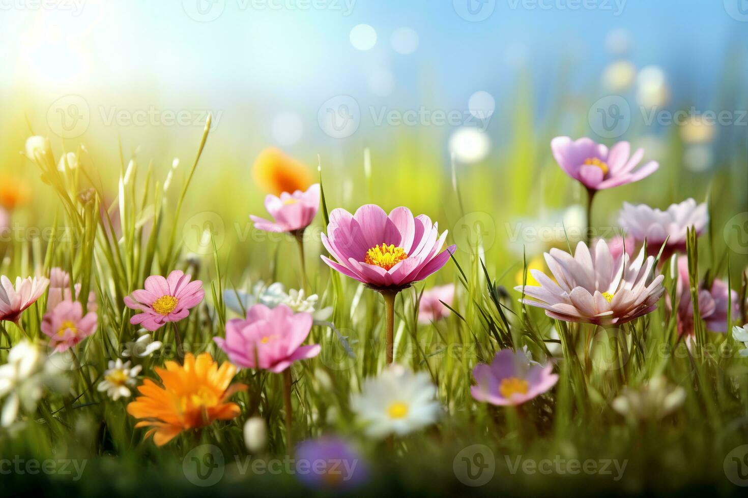 Spring flower in the meadow,spring nature background. generative ai. photo