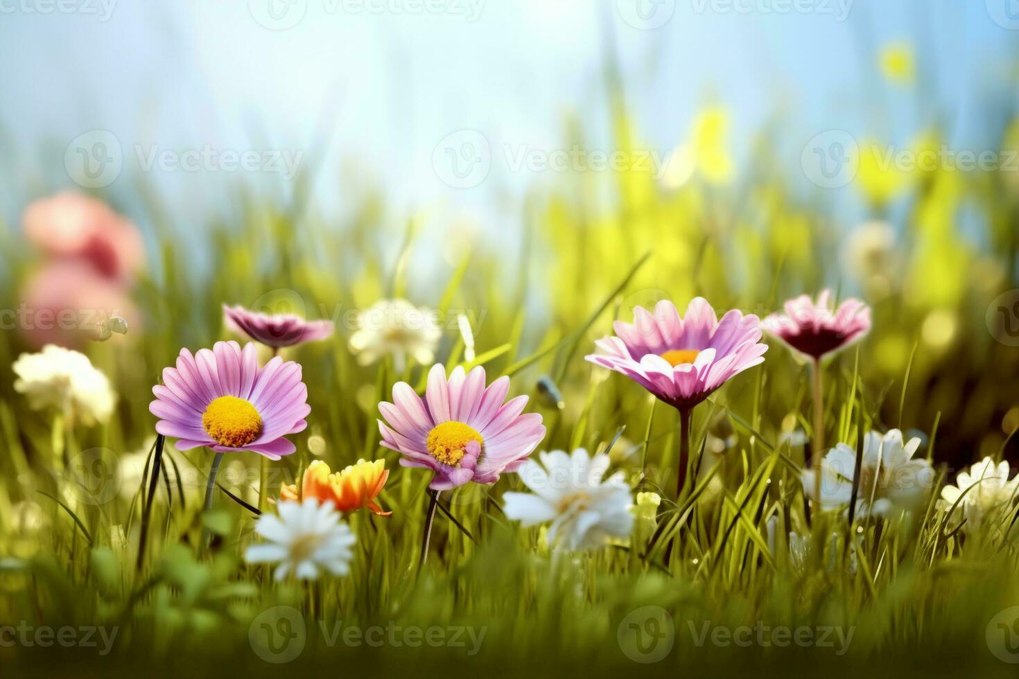 Spring flower in the meadow,spring nature background. generative ai. photo