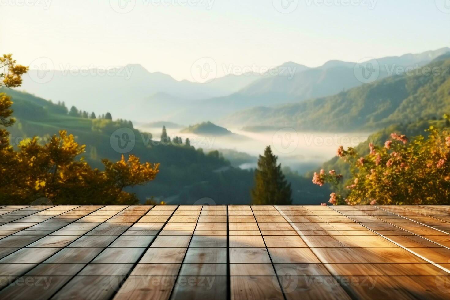 Wooden table terrace with Morning fresh atmosphere nature landscape. generative ai. photo