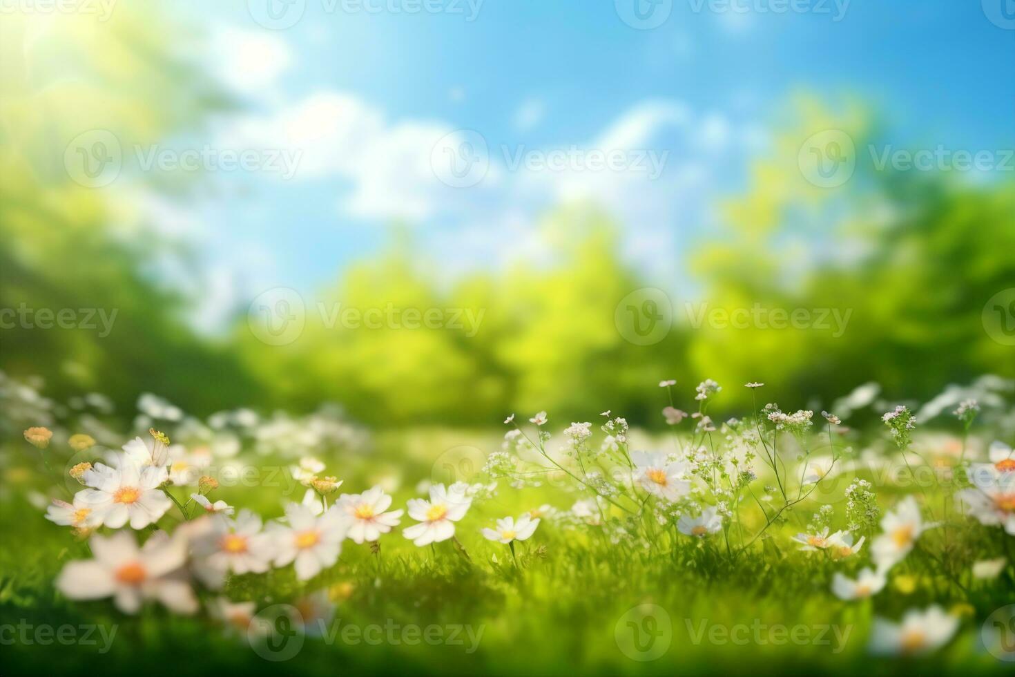 Beautiful blurred spring background nature with blooming glade, trees and blue sky on a sunny day. generative ai. photo