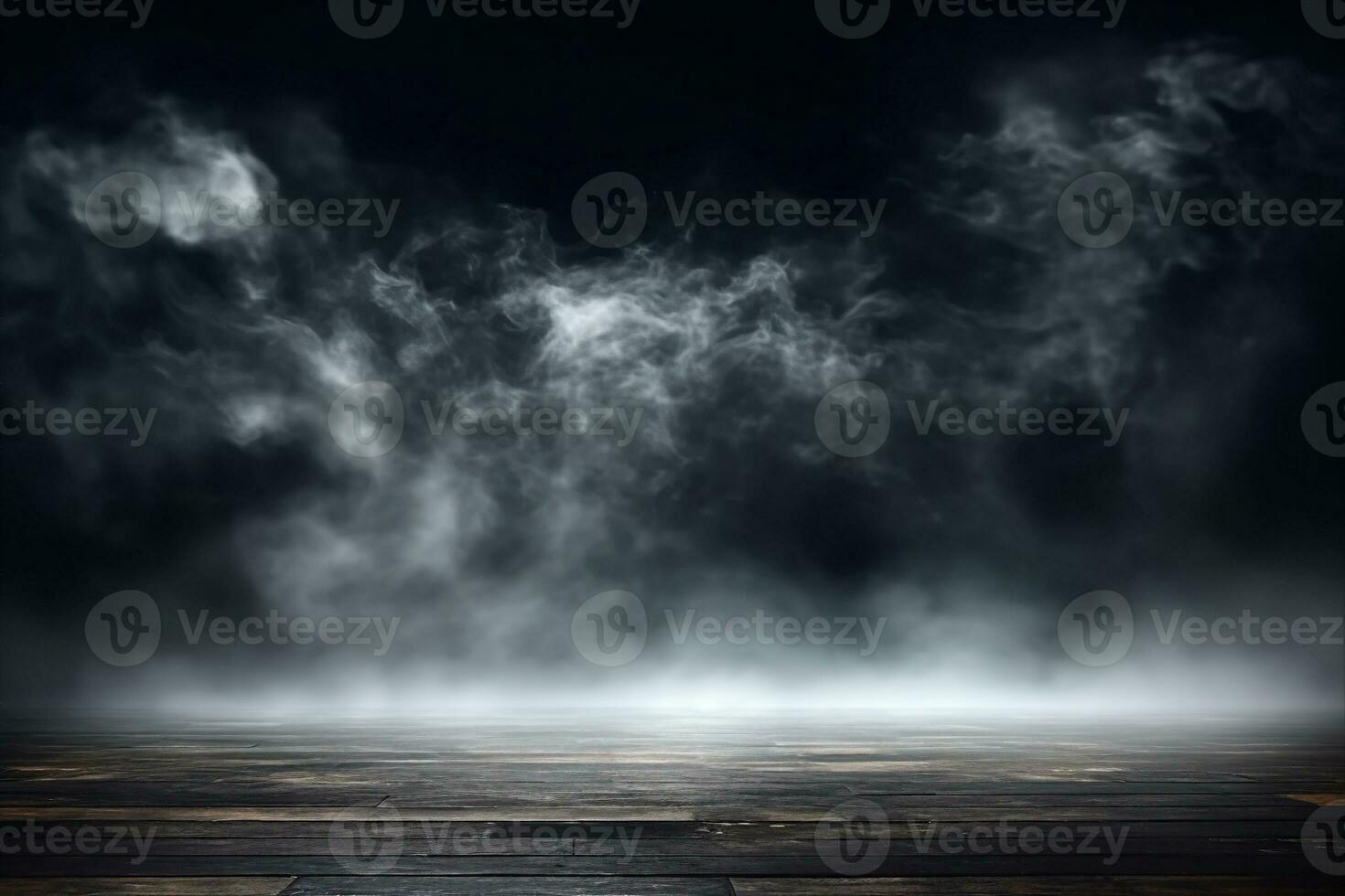 Fog In Darkness, Smoke And Mist On Wooden Table, Abstract And Defocused Halloween Backdrop. generative ai. photo