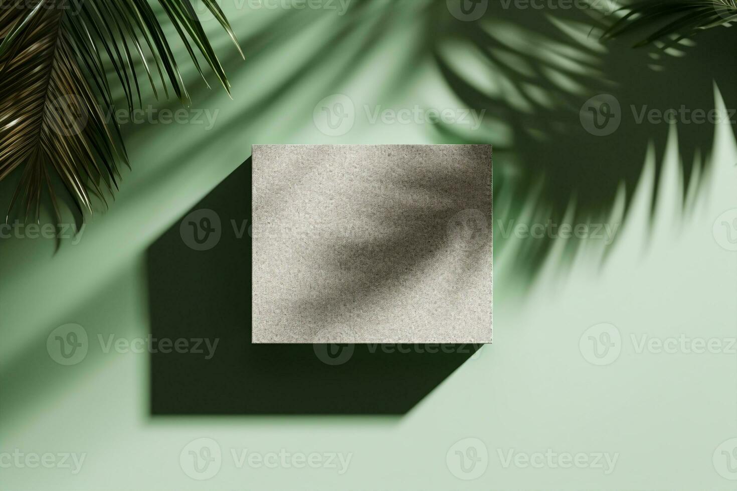 3D background, stone display flat lay podium on natural pastel green backdrop and palm shadow. Product promotion Beauty cosmetic tropical showcase. generative ai. photo