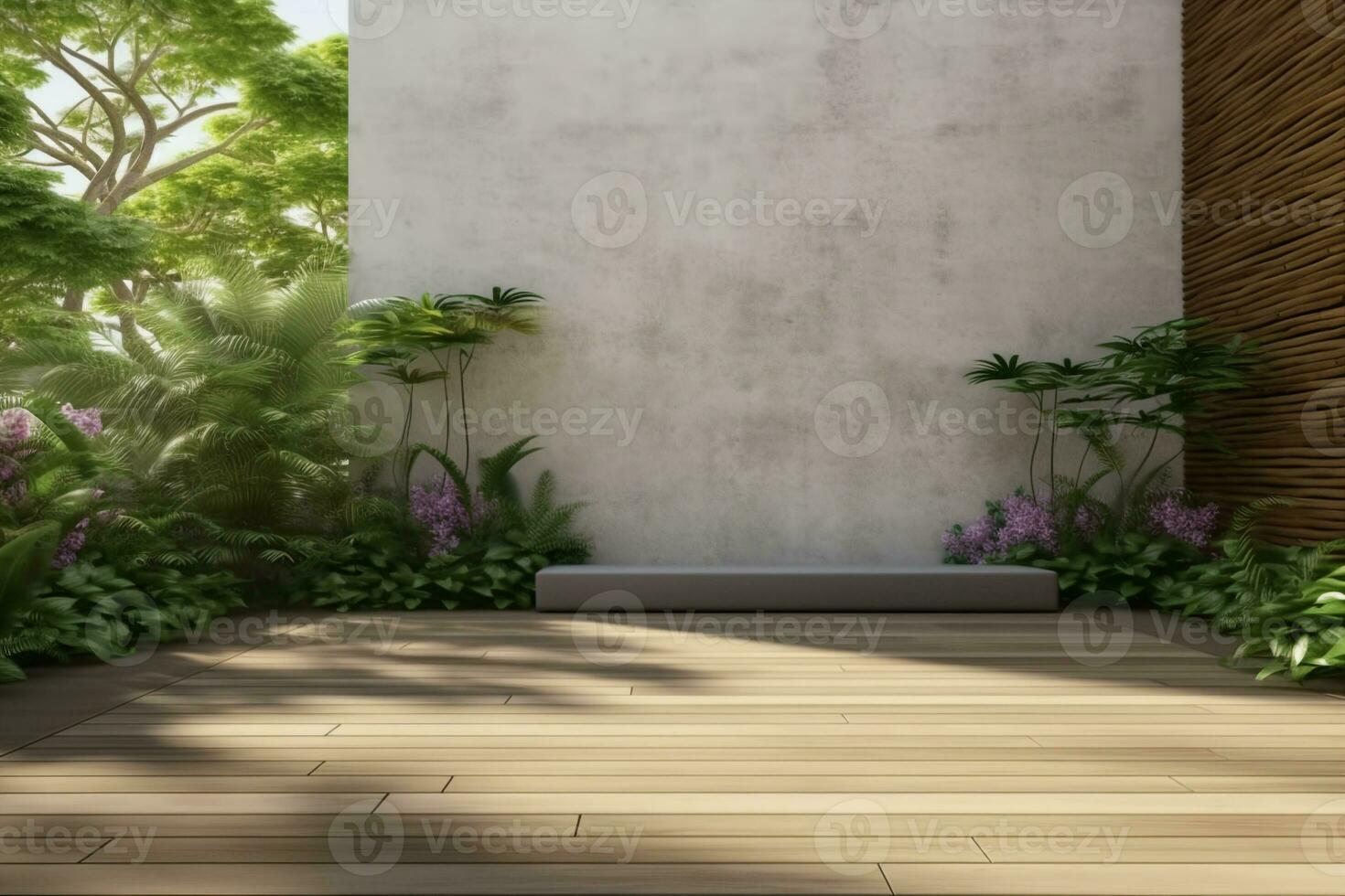 Empty exterior concrete wall with tropical style garden 3d render,decorate with tropical style tree ,sunlight on the wall. generative ai. photo
