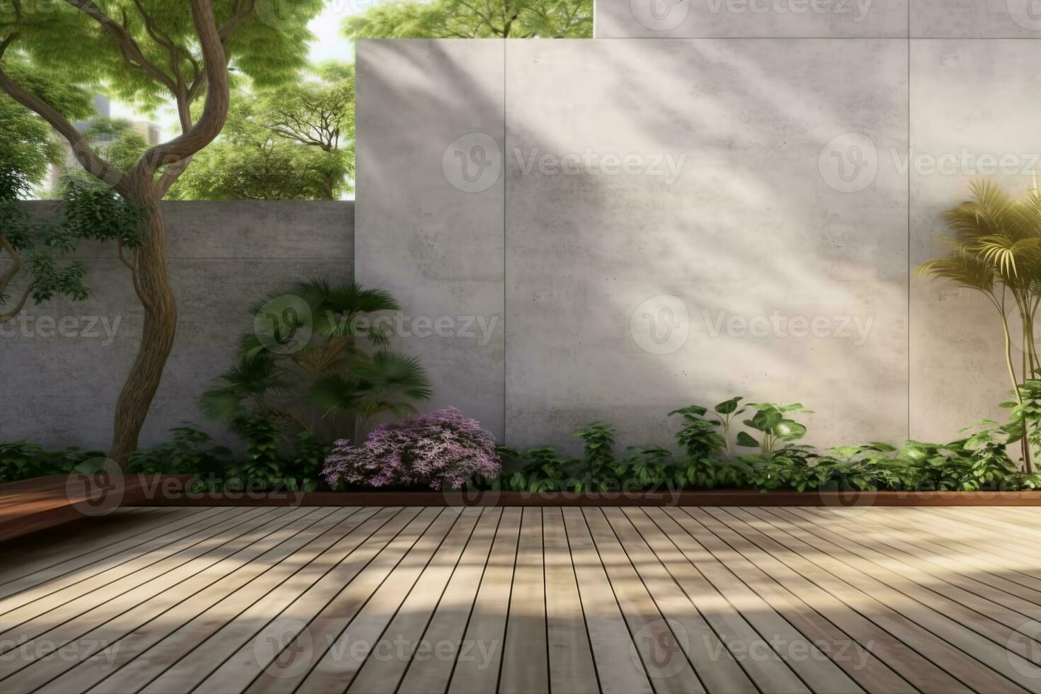 Empty exterior concrete wall with tropical style garden 3d render,decorate with tropical style tree ,sunlight on the wall. generative ai. photo