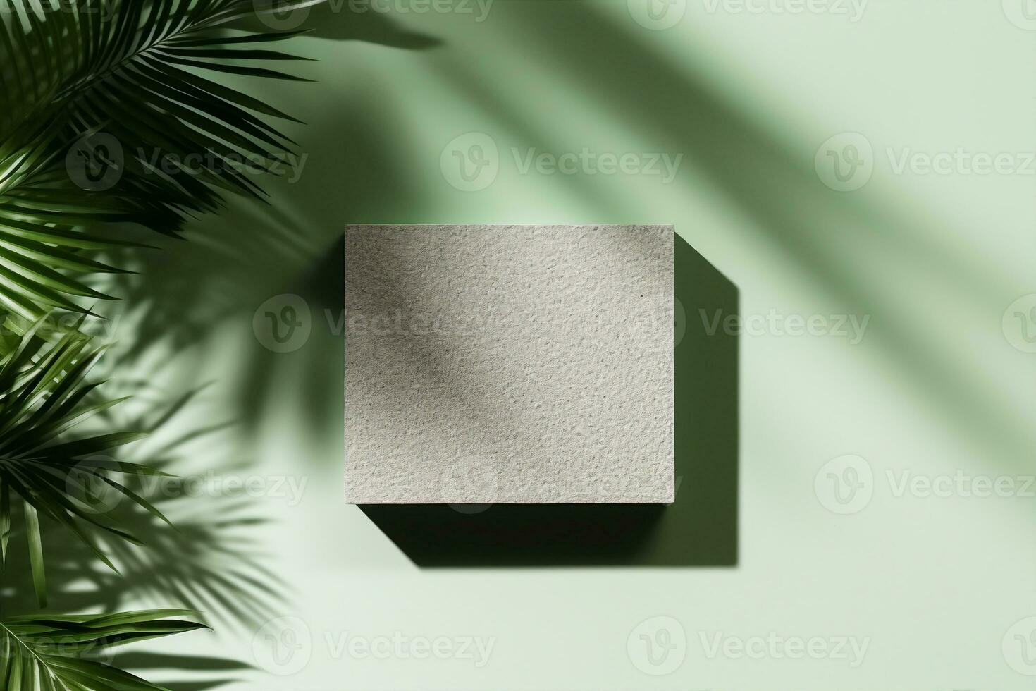 3D background, stone display flat lay podium on natural pastel green backdrop and palm shadow. Product promotion Beauty cosmetic tropical showcase. generative ai. photo