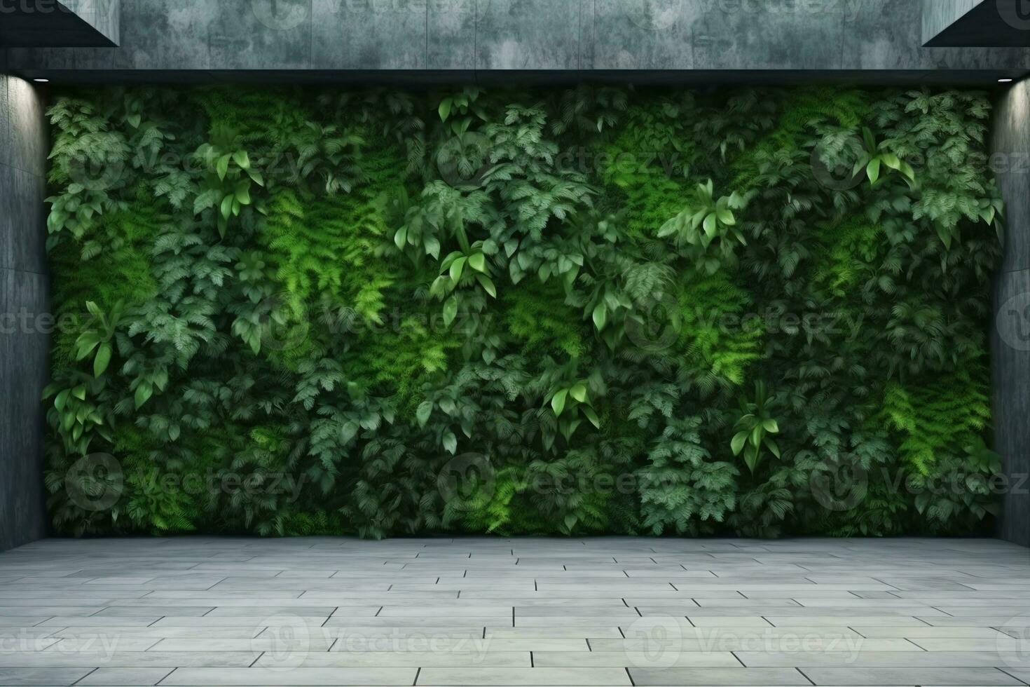Concrete architecture, vertical garden wall, green plants decoration. 3D illustration, rendering. generative ai. photo