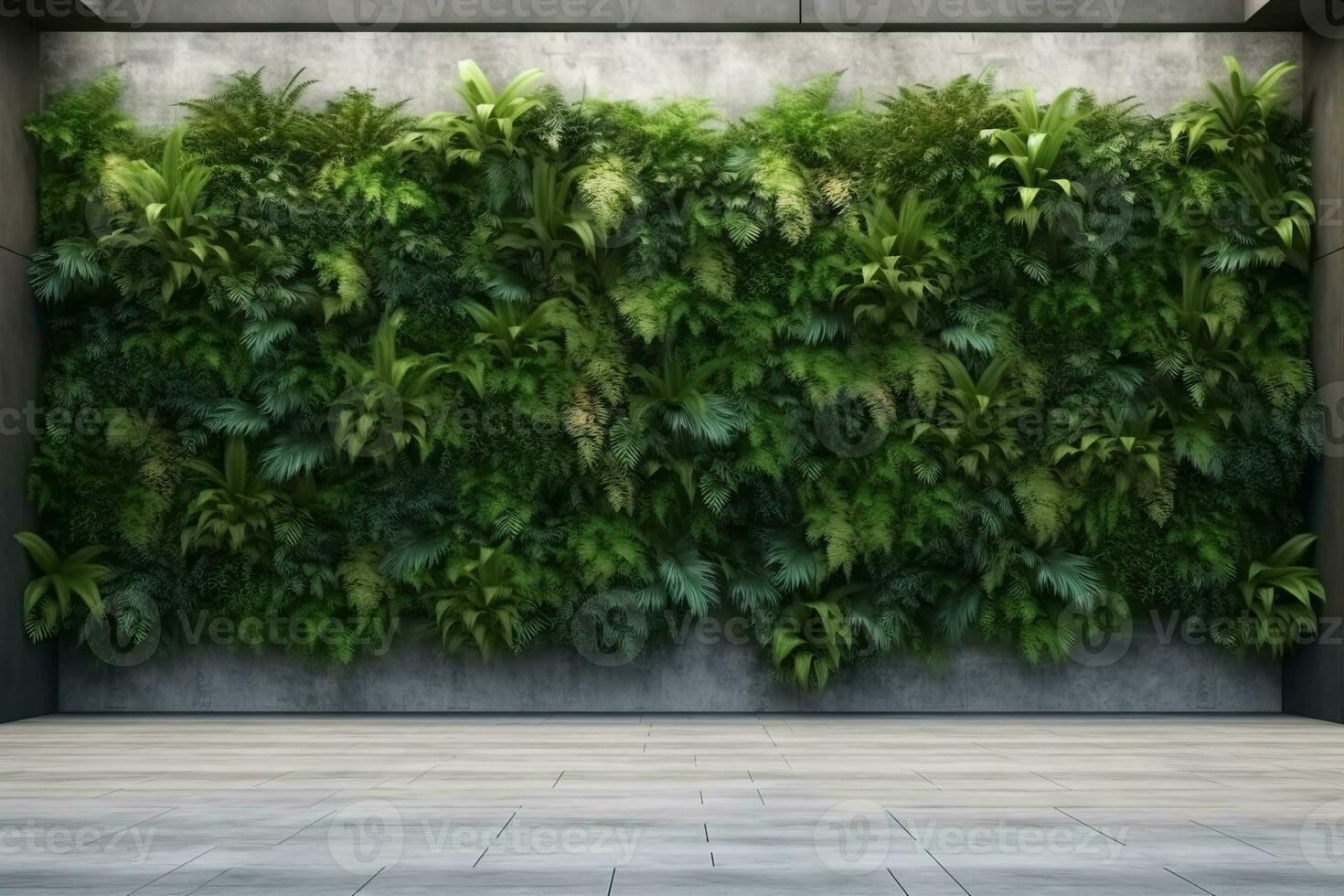 Concrete architecture, vertical garden wall, green plants decoration. 3D illustration, rendering. generative ai. photo