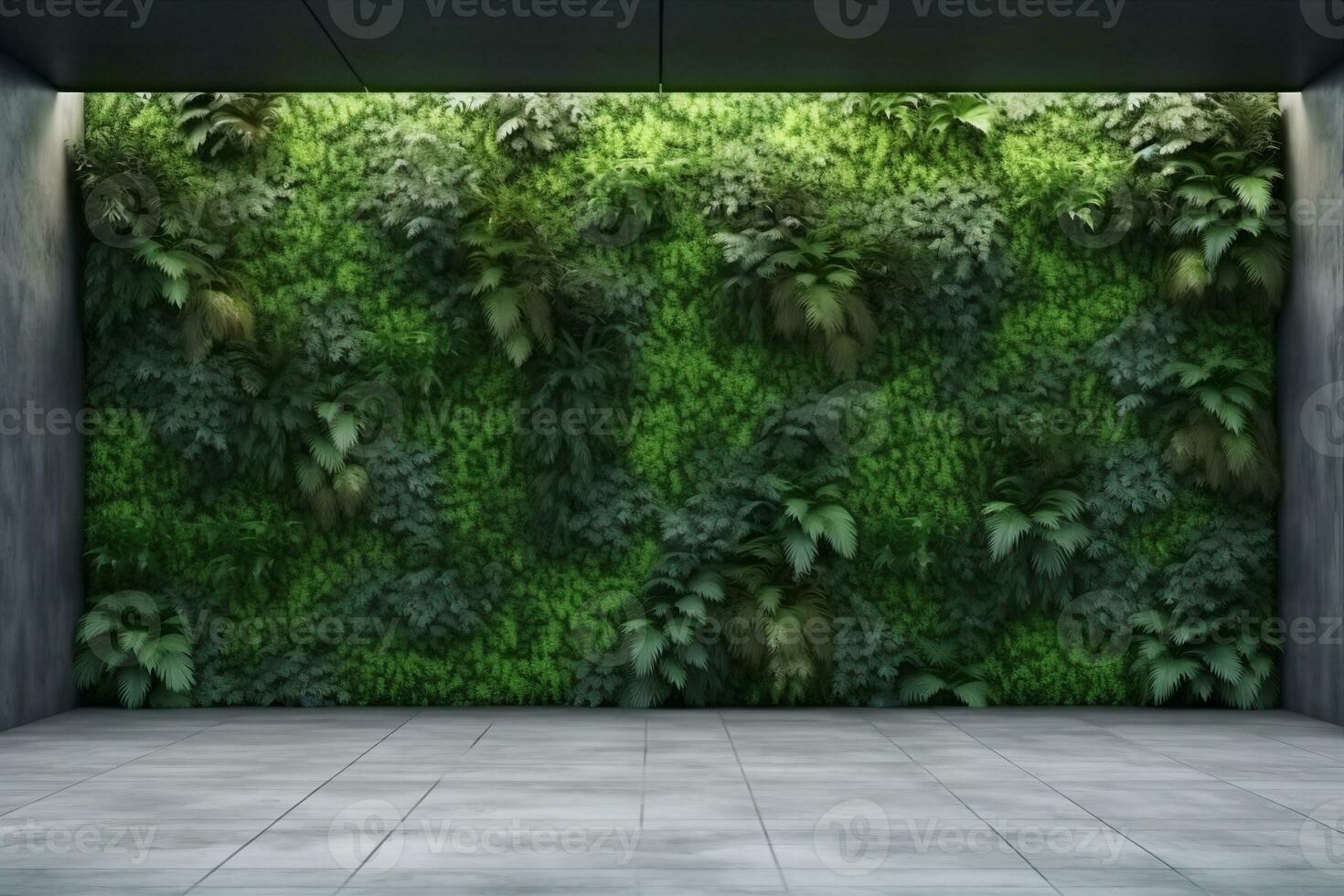 Concrete architecture, vertical garden wall, green plants decoration. 3D illustration, rendering. generative ai. photo