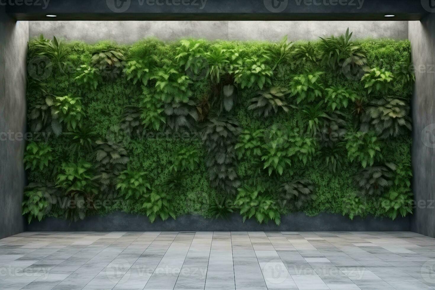 hormigón arquitectura, vertical jardín muro, verde plantas decoración. 3d ilustración, representación. generativo ai. foto
