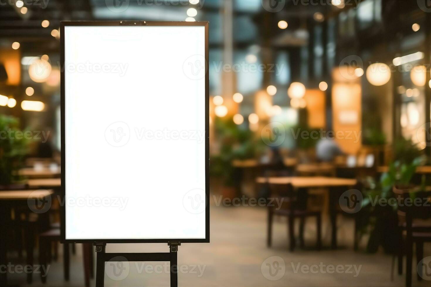 mockup white poster with black frame stand in front of blur restaurant cafe background for show or present promotion product concept. generative ai. photo