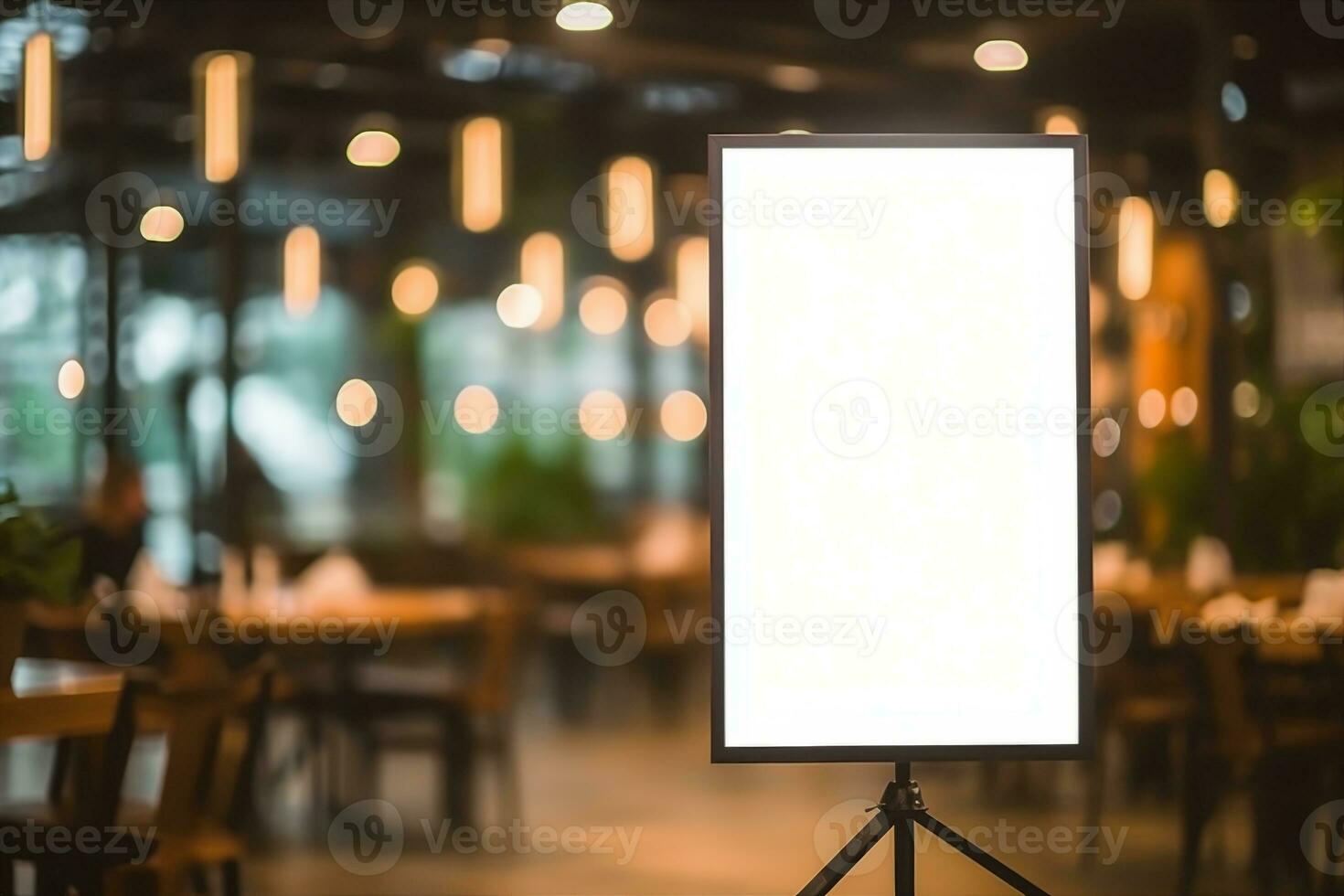 mockup white poster with black frame stand in front of blur restaurant cafe background for show or present promotion product concept. generative ai. photo