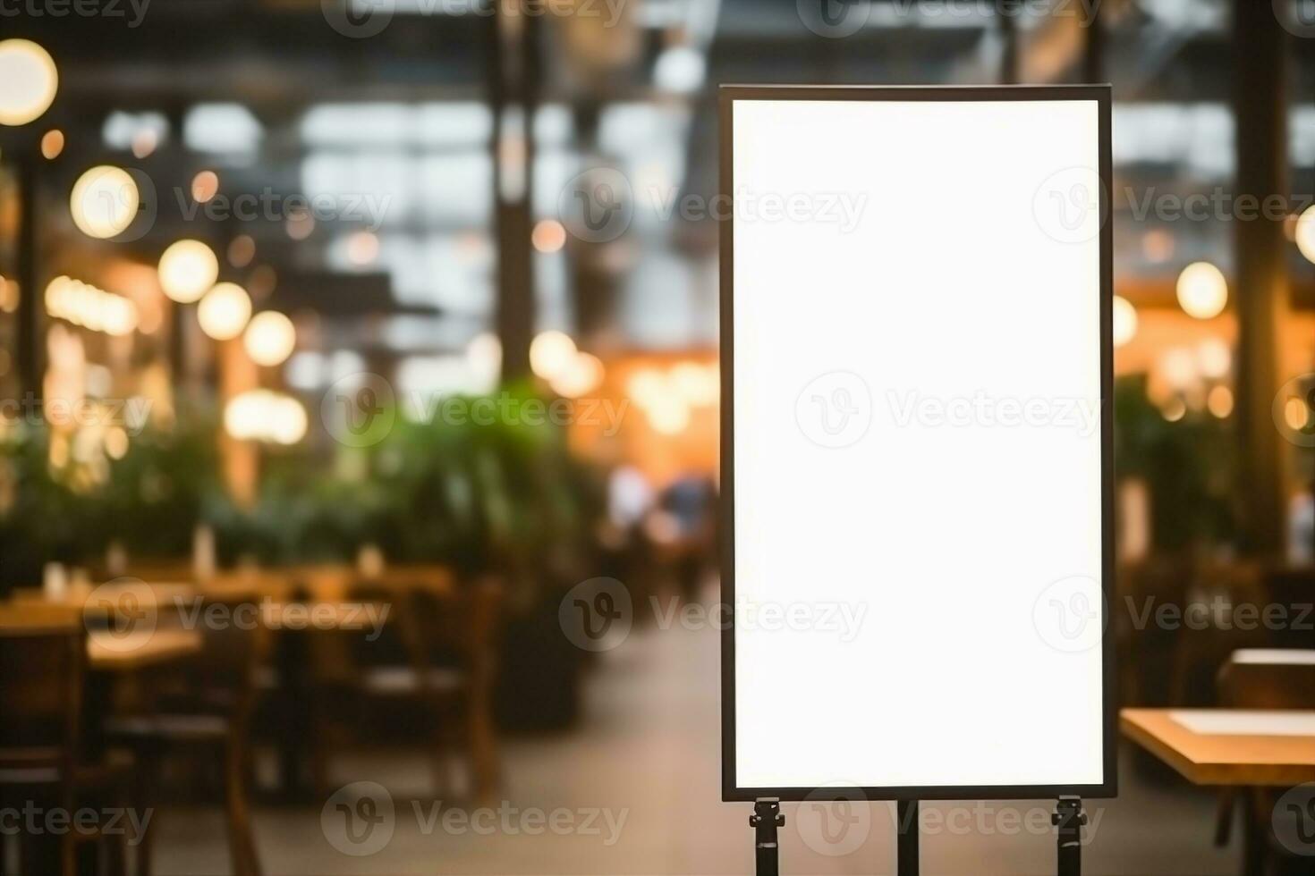 mockup white poster with black frame stand in front of blur restaurant cafe background for show or present promotion product concept. generative ai. photo