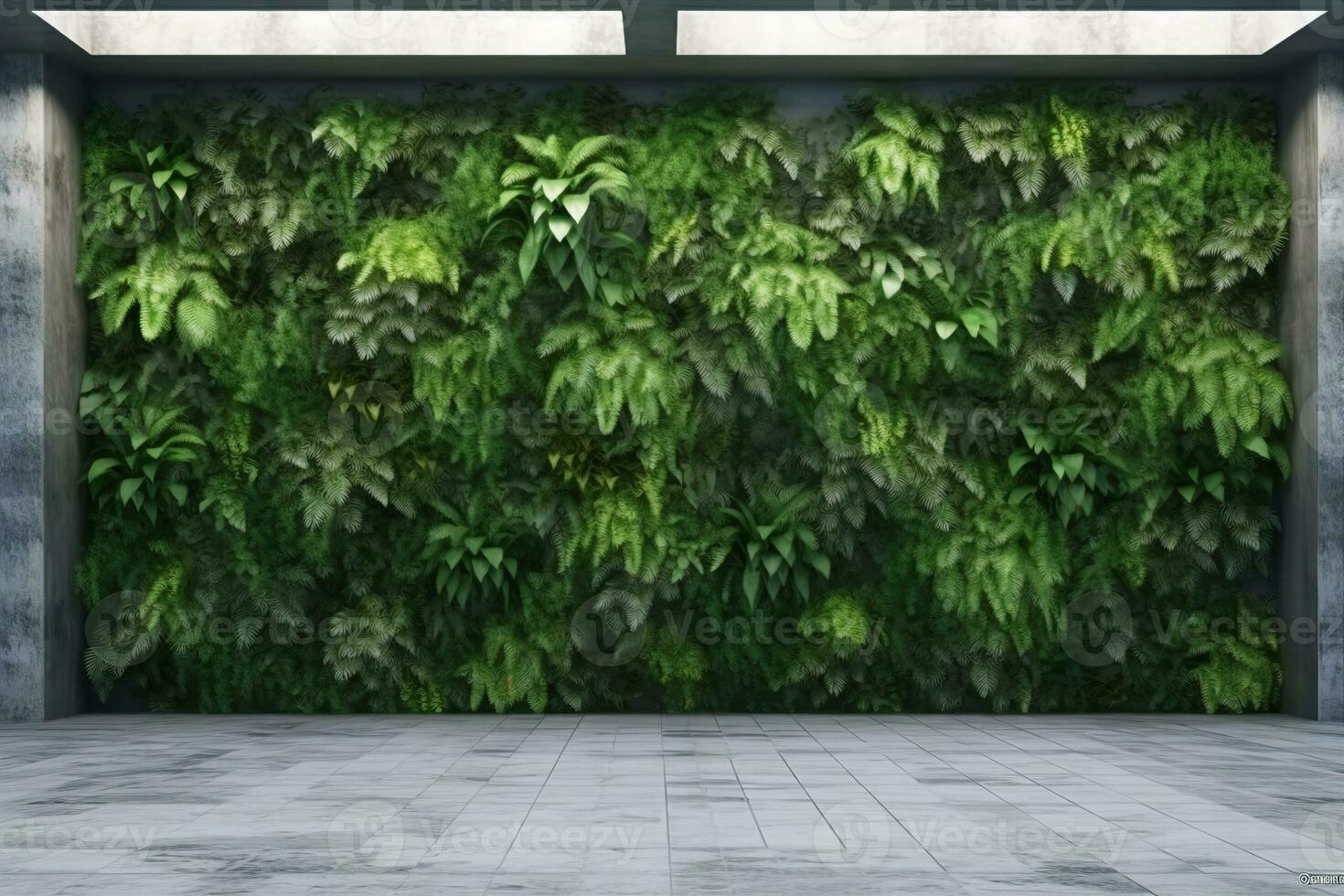 Concrete architecture, vertical garden wall, green plants decoration. 3D illustration, rendering. generative ai. photo