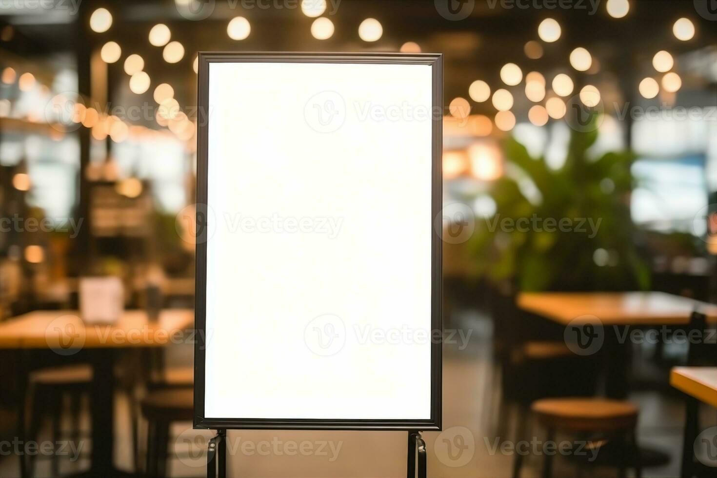 mockup white poster with black frame stand in front of blur restaurant cafe background for show or present promotion product concept. generative ai. photo