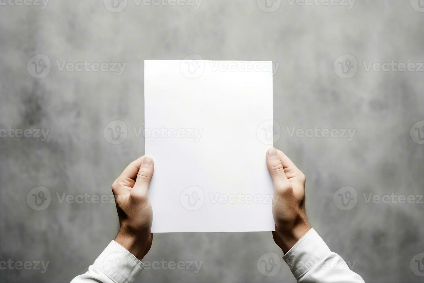 Hand holding white blank paper sheet mockup, isolated. Arm in shirt hold clear brochure template mock up. Leaflet document surface design. Simple pure print display show. generative ai. photo