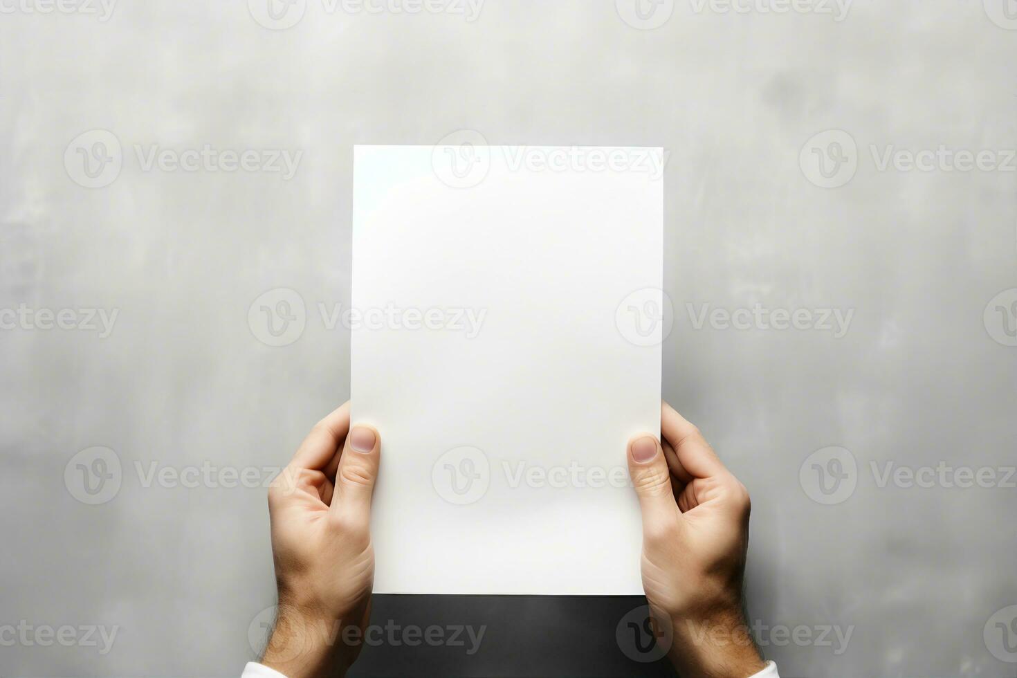 Hand holding white blank paper sheet mockup, isolated. Arm in shirt hold clear brochure template mock up. Leaflet document surface design. Simple pure print display show. generative ai. photo