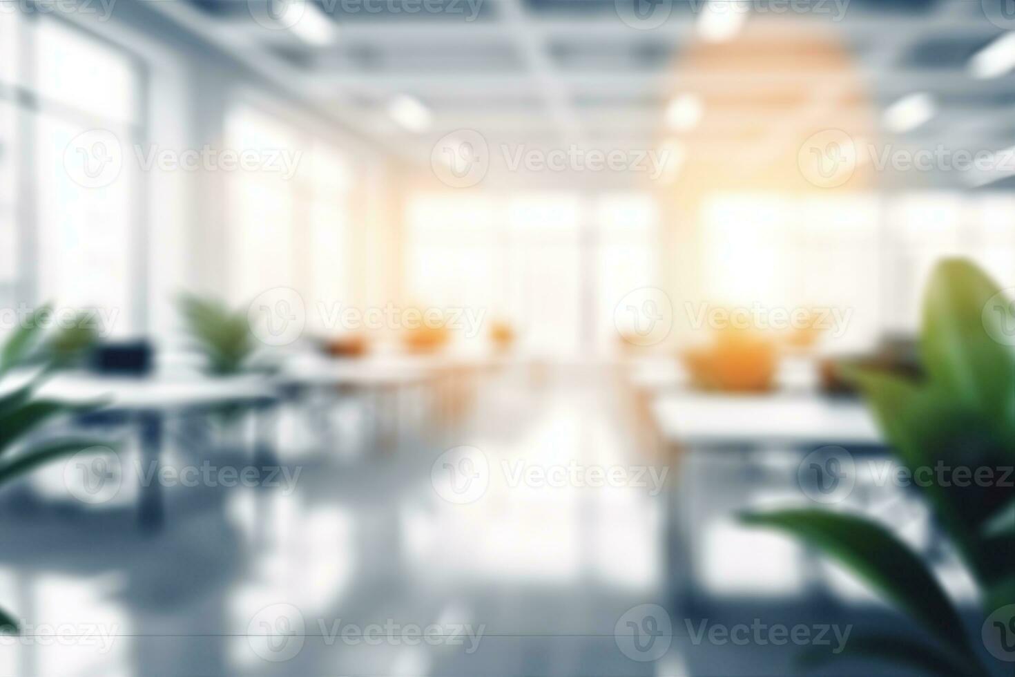 Blurred empty open space office. Abstract light bokeh at office interior background for design.generative ai. photo