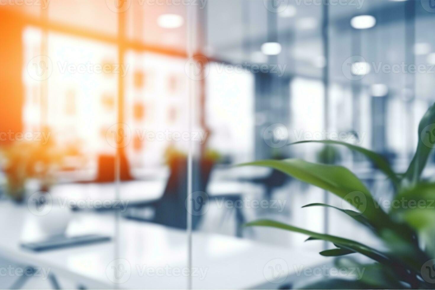 Blurred empty open space office. Abstract light bokeh at office interior background for design.generative ai. photo