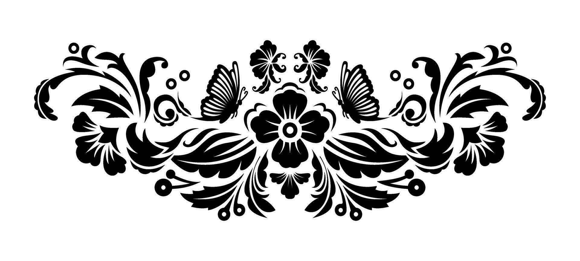 Vintage symmetrical floral ornament with butterfly and flowers isolated on white background. vector