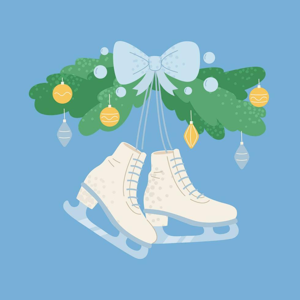 A pair of white skates are hanging on the wall with New Year holiday decorations. vector