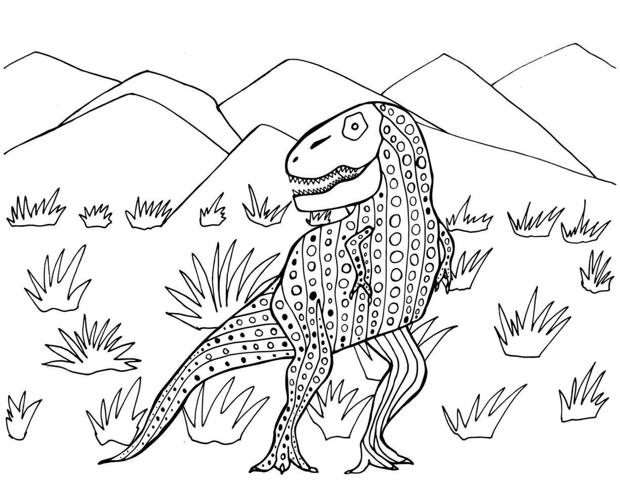 Tyrannosaurus and mountains. Hand drawn tarbosaurus sketch. Coloring page with dinosaurs and mountains landscape. Cute coloring book for children and adults. Fantastic ornaments. vector