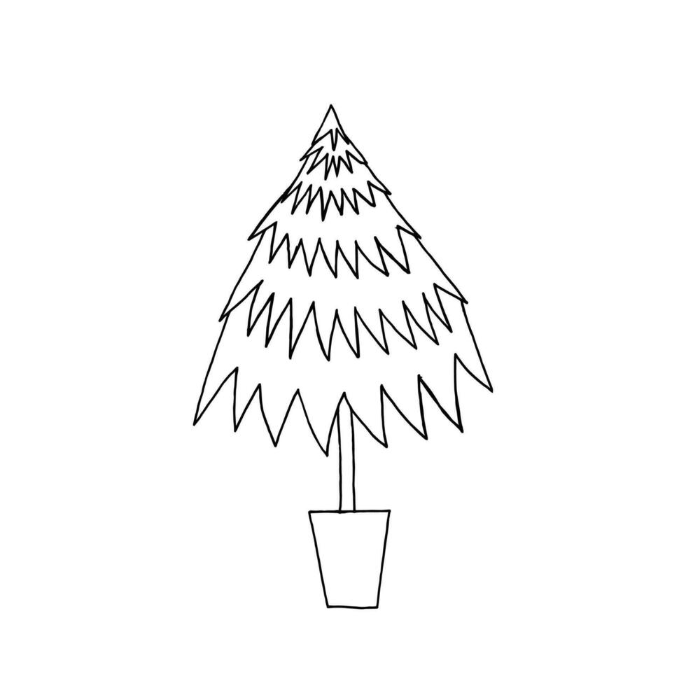 Hand drawn Christmas tree in pot illustration. Simple Christmas tree doodle. Pine tree illustration. vector