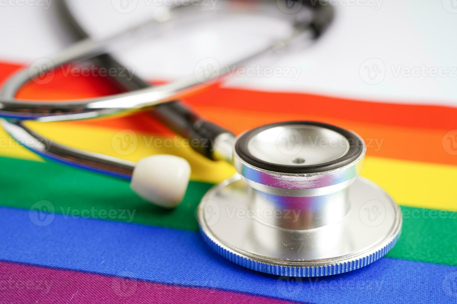 LGBT symbol, Stethoscope with rainbow ribbon, rights and gender equality, LGBT Pride Month in June. photo