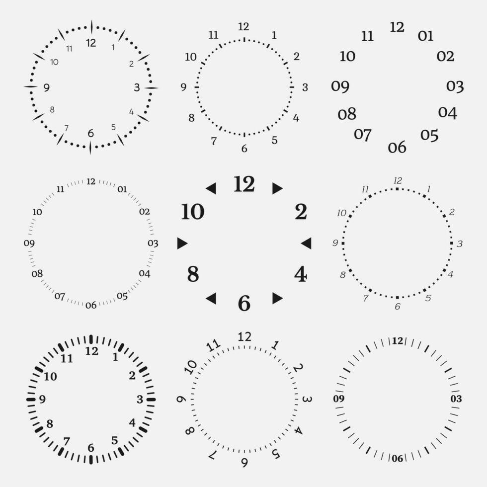 Clock faces on a white background. Set of nine 12 hours watch dials with round scale. Vector illustration